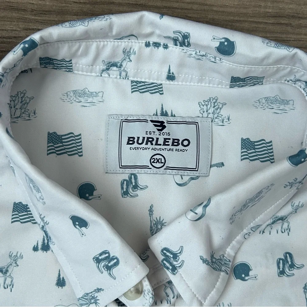 Burlebo Shirt Men’s 2XL White Blue Button Up Stretch American All Over Print - Picture 4 of 9